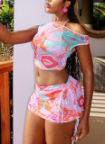 2026 Fashionable Vacation Travel Style Printed Asymmetrical Neck Top Bikini Skirt Three-Piece Set