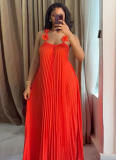 2026 New Style Solid Color Sweet and Fresh Spaghetti Strap Backless Pleated Dress