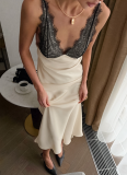 Sexy V-neck Lace-trimmed Satin Slim Fit Dress