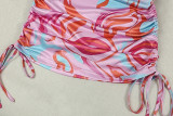 2026 Fashionable Vacation Travel Style Printed Asymmetrical Neck Top Bikini Skirt Three-Piece Set