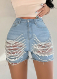 New High-Waisted Slimming Handmade Beaded Ripped Denim Shorts