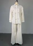 Casual Collared Long-Sleeve Beaded Shirt and High-Waisted Straight-Leg Pants Two-Piece Set