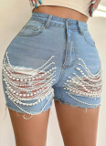 New High-Waisted Slimming Handmade Beaded Ripped Denim Shorts