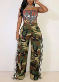 Casual Cotton Camouflage Pants With Side Tassel Pockets and Buttons
