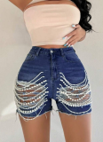New High-Waisted Slimming Handmade Beaded Ripped Denim Shorts