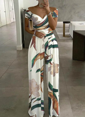 Fashionable and Elegant Printed Off-Shoulder Wide-Leg Jumpsuit
