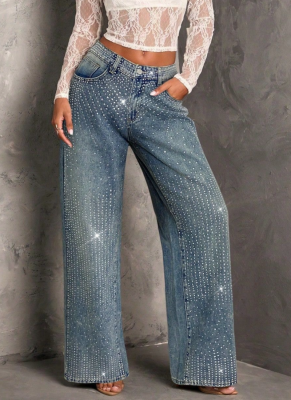 2026 Fashion Blue Rhinestone-Embellished Loose Wide-Leg Straight-Leg Jeans
