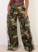 Casual Cotton Camouflage Pants With Side Tassel Pockets and Buttons