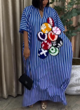 New Casual Blue and White Striped Long Dress