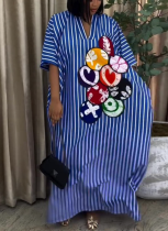 New Casual Blue and White Striped Long Dress