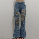 Fashionable and Versatile Fringe Ripped Stretch Slim Fit Flared Jeans