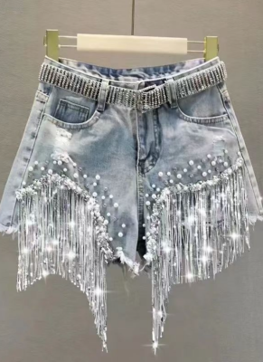 Summer New High-Waisted Slimming Beaded Tassel Ripped Jeans