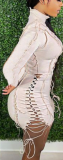 Sexy Solid Color Patchwork Drawstring Long-Sleeved Jumpsuit Shorts