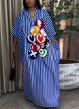 New Casual Blue and White Striped Long Dress
