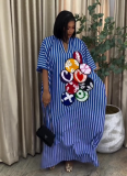 New Casual Blue and White Striped Long Dress