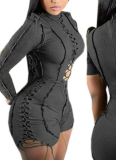 Sexy Solid Color Patchwork Drawstring Long-Sleeved Jumpsuit Shorts
