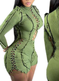 Sexy Solid Color Patchwork Drawstring Long-Sleeved Jumpsuit Shorts