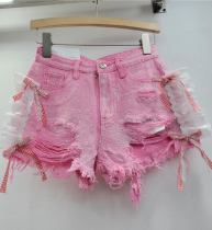 Fashionable Rhinestone Lace Ripped Fringed Tassel Wide-Leg Denim Shorts