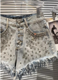 Summer Rhinestone Beaded Tassel Trim Denim Shorts
