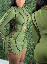 Sexy Solid Color Patchwork Drawstring Long-Sleeved Jumpsuit Shorts