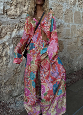 Fashionable Printed V-neck Long-sleeved Loose Pants Set
