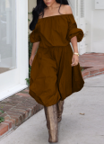Fashionable Solid Color Off-Shoulder Long-Sleeve Lantern Pants Casual Suit