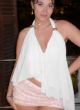 Sexy Mesh Patchwork Irregular Solid Color Halter Neck Top/Vest