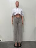 Fashionable High-Waisted Straight-Leg Jeans With Full Rhinestone Finish