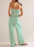 Sexy Slim-Fit Striped Color-Block Bandeau Top & Elastic-Waist Trousers Set
