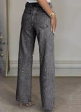 Fashionable High-Waisted Straight-Leg Jeans With Full Rhinestone Finish