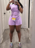 Casual Solid-Color Ribbed Crewneck Fitted Short-Sleeve Top & Shorts Athletic Set