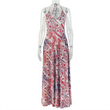 Sexy Floral Print Color Block Halter Neck Backless Fitted A-line Maxi Dress
