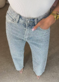 Fashionable High-Waisted Straight-Leg Jeans With Full Rhinestone Finish