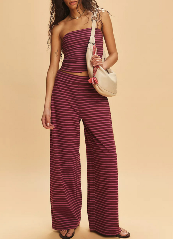Sexy Slim-Fit Striped Color-Block Bandeau Top & Elastic-Waist Trousers Set