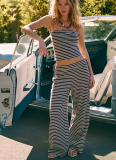 Sexy Slim-Fit Striped Color-Block Bandeau Top & Elastic-Waist Trousers Set