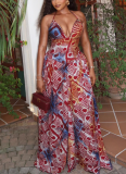 Sexy Floral Print Color Block Halter Neck Backless Fitted A-line Maxi Dress