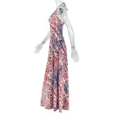 Sexy Floral Print Color Block Halter Neck Backless Fitted A-line Maxi Dress