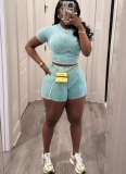 Casual Solid-Color Ribbed Crewneck Fitted Short-Sleeve Top & Shorts Athletic Set