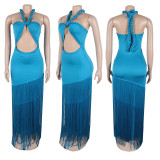 Sexy Hollow-Out Sleeveless Halter Neck Bodycon Tassel Long Dress