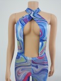 Sexy Halter-Neck Backless Mesh Jumpsuit With Ripple Print