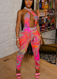 Sexy Halter-Neck Backless Mesh Jumpsuit With Ripple Print
