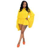 Solid-Color Crewneck Long-Sleeve Top & High-Waisted Shorts Casual Two-Piece Set