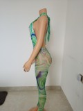 Sexy Halter-Neck Backless Mesh Jumpsuit With Ripple Print