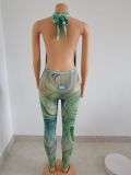 Sexy Halter-Neck Backless Mesh Jumpsuit With Ripple Print