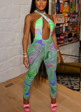 Sexy Halter-Neck Backless Mesh Jumpsuit With Ripple Print