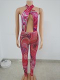 Sexy Halter-Neck Backless Mesh Jumpsuit With Ripple Print