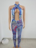 Sexy Halter-Neck Backless Mesh Jumpsuit With Ripple Print