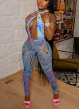 Sexy Halter-Neck Backless Mesh Jumpsuit With Ripple Print