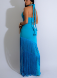 Sexy Hollow-Out Sleeveless Halter Neck Bodycon Tassel Long Dress