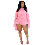 Solid-Color Crewneck Long-Sleeve Top & High-Waisted Shorts Casual Two-Piece Set